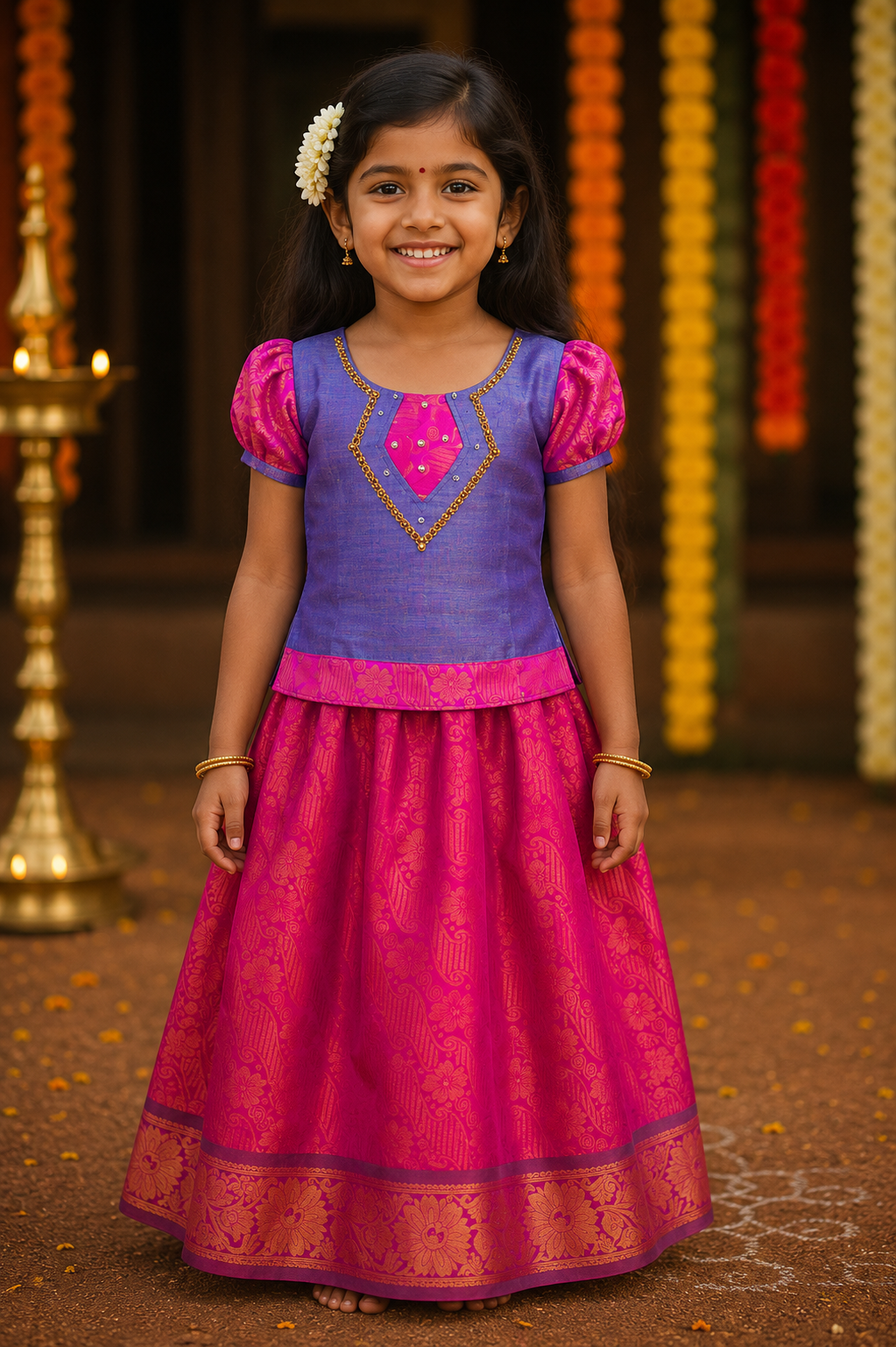 Royal Pink & Lavender Kids Pattu Dress