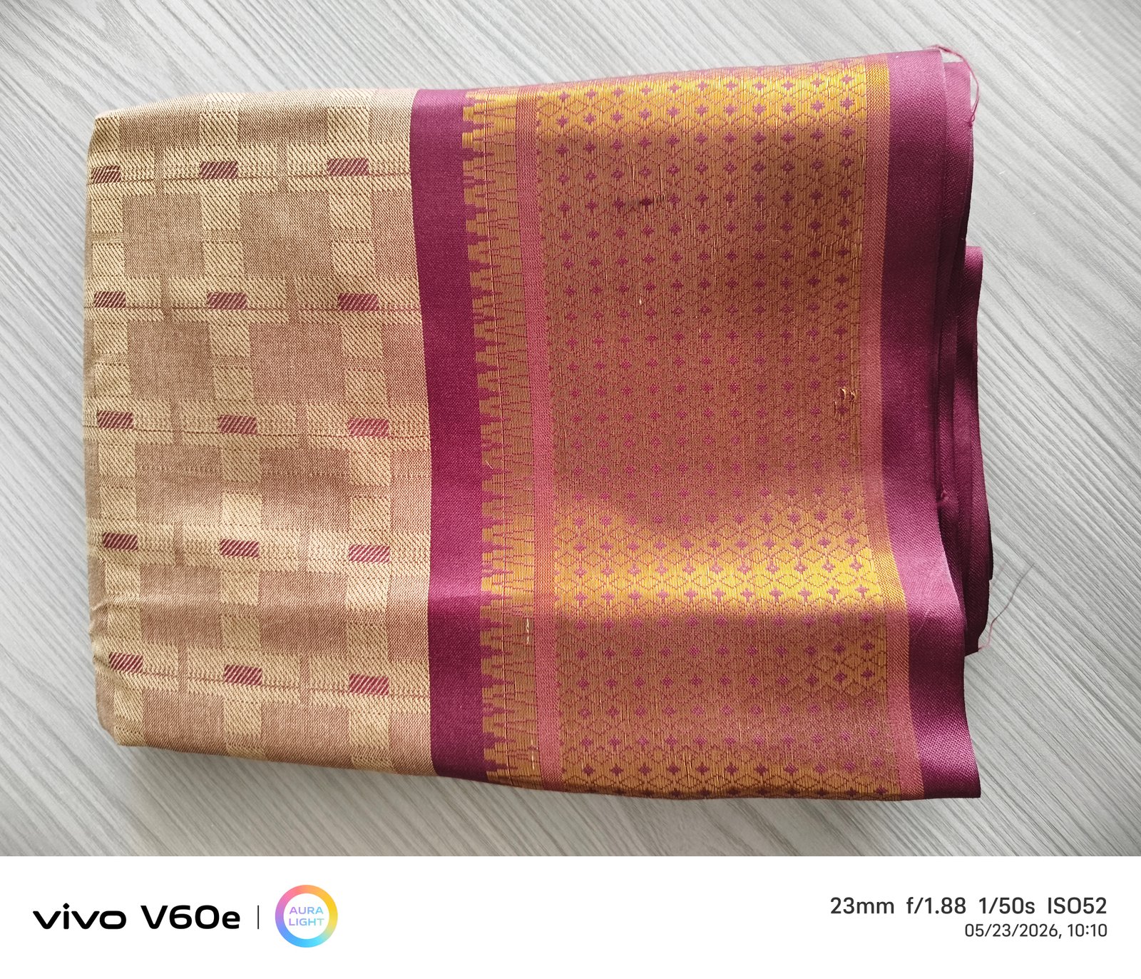 Beige Gold & Magenta Zari Border Traditional Silk Saree