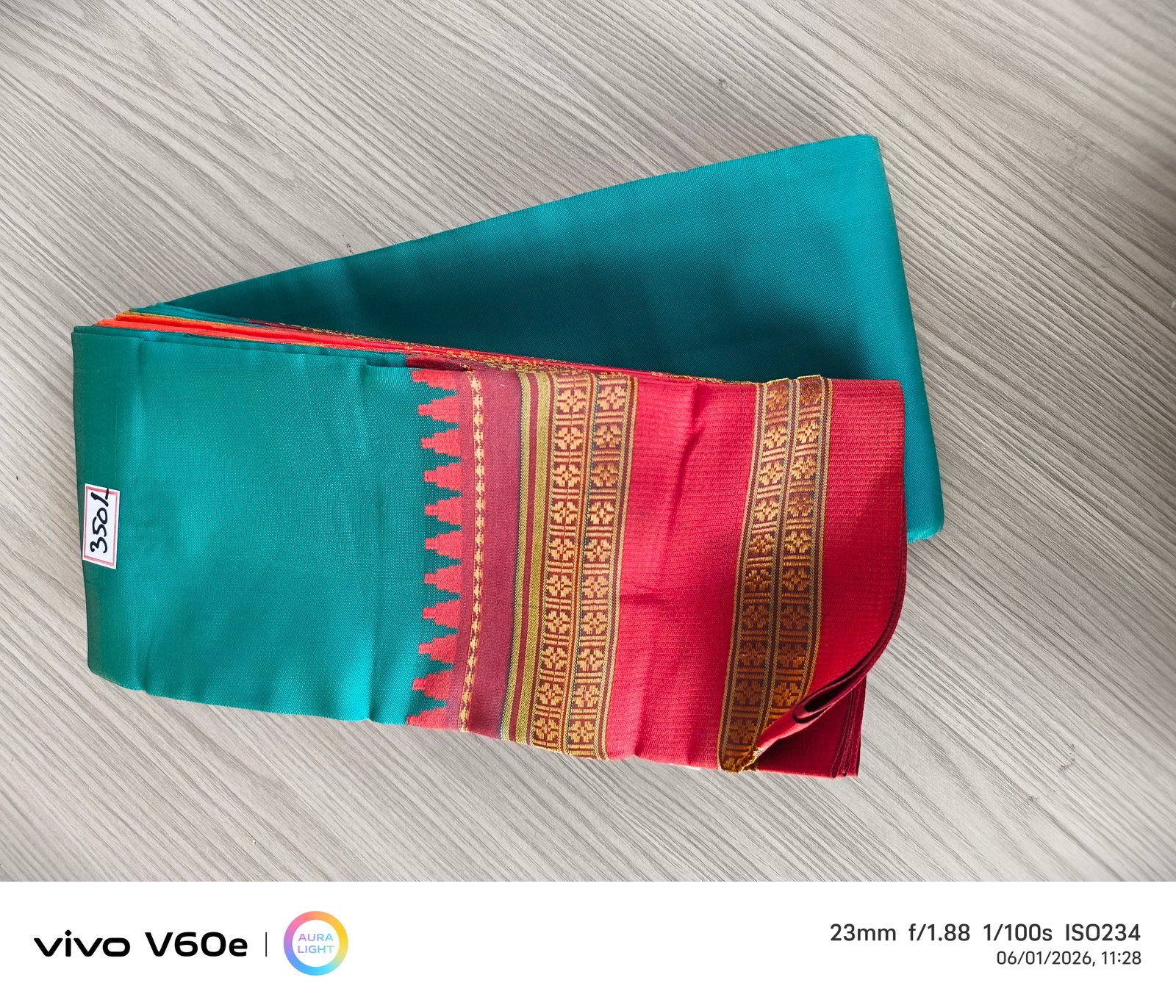 Emerald Teal Traditional Silk Saree with Ruby Red Temple Border