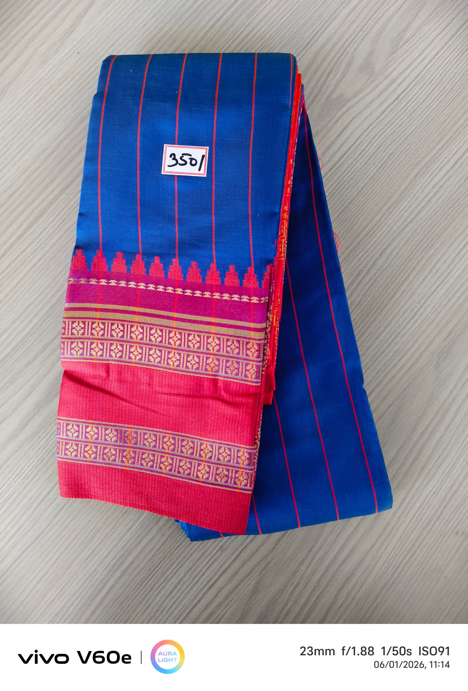 Royal Blue Stripe Cotton Silk Saree with Pink Temple Border