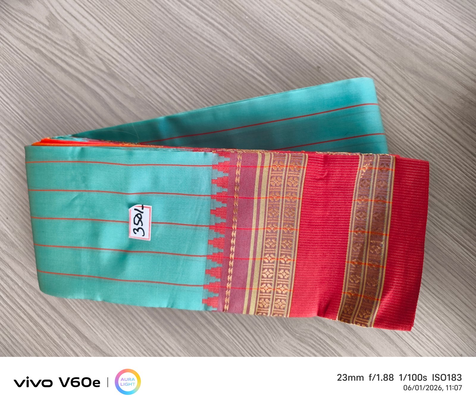 Aqua Green Traditional Silk Saree with Coral Pink Border